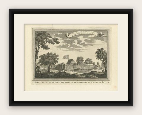 Antique Print of Fortresses in Ouidah in Africa, '1748', shown framed
