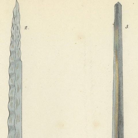 19th-Century Hand-Coloured Lithograph of Ornate Medieval and Renaissance Swords, close-up 3