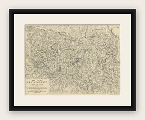 Antique Plan of the Battle of Abensberg in Germany, shown framed