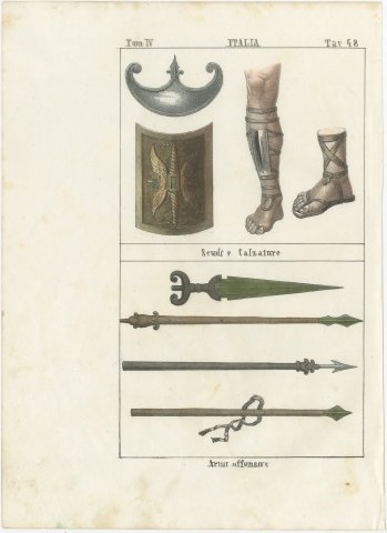 Ancient Shields, Footwear and Offensive Weapons, Hand Colored Lithograph, 1842, view 2