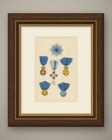 Sardinia, Civil Merit and Military Valor Medals, Plate LXXII, 1844, shown framed