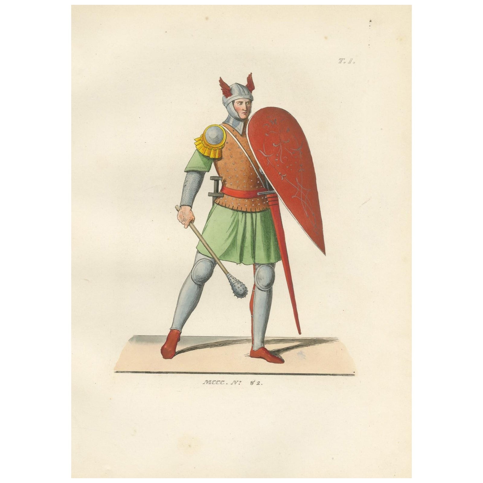 Armored Knight c.1400 with Winged Helmet, Antique Print Published 1845