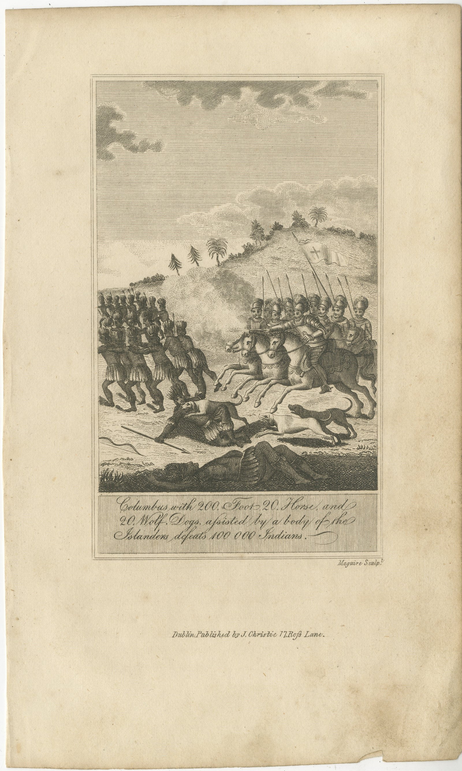 Christopher Columbus Battle in Hispaniola, Antique Engraving, Dublin c.1815