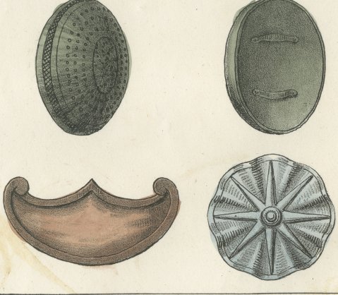Etruscan Warriors in Relief, Swords and Shields, Hand Colored Lithograph, 1842, close-up 2