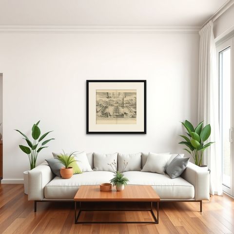 Antique Roman Battle Print of the Camp Defence by Duncan, c.1753, shown framed in a room