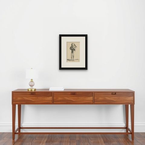 Rare Etching of a Warrior Standing and Leaning on a Long Sword, ca.1658, shown framed on a wall
