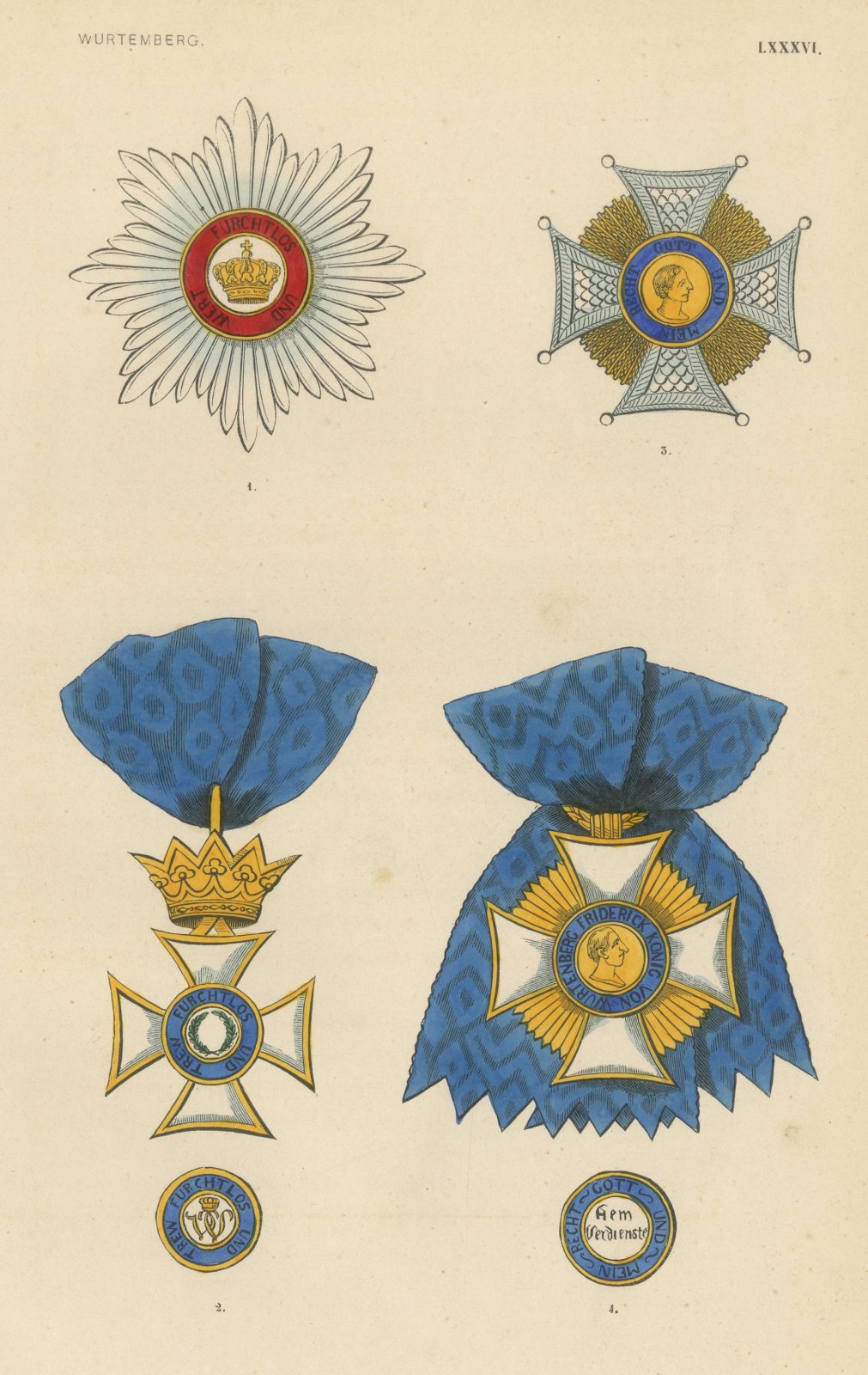 Orders of Württemberg, Crown Star and King Frederick Cross, Plate LXXXVI, 1844