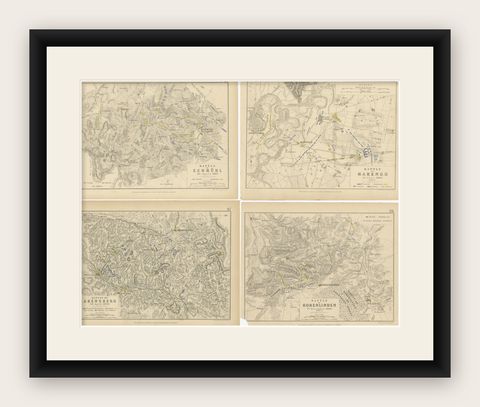 Four Antique Battle Plans of Echmühl, Hohenlinden, Abensberg and Marengo, 1852, shown framed