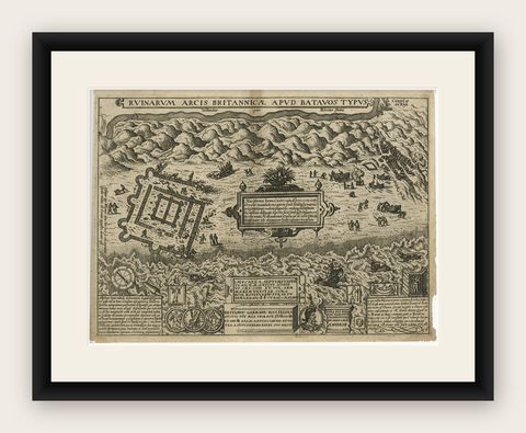 Antique Print of the Ruins of the Roman Fortress Brittenburg, The Netherlands, shown framed