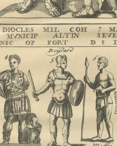 Funerary Monuments and Fighting Soldiers, Montfaucon Roman Plate, 1722, close-up 2
