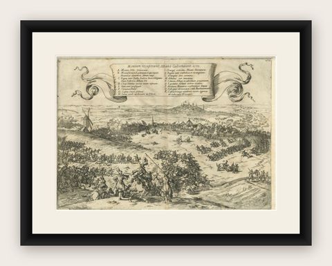 Old Engraving of The Battle of Bergen in Hainaut during the Eighty Years', 1632, shown framed