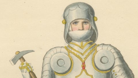 Joan of Arc in Armor, Antique Hand-Colored Costume Lithograph, c.1845, close-up 1