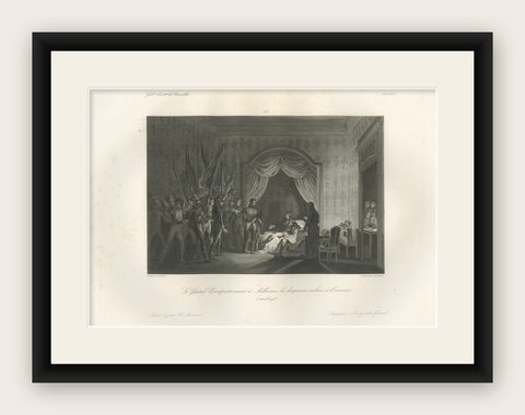 Napoleon Accepts Captured Banners in Milan, French Empire Engraving c.1840, shown framed