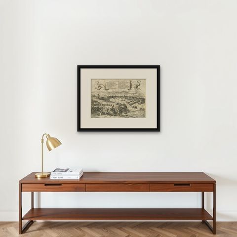 Old Engraving of The Battle of Bergen in Hainaut during the Eighty Years', 1632, shown framed on a wall
