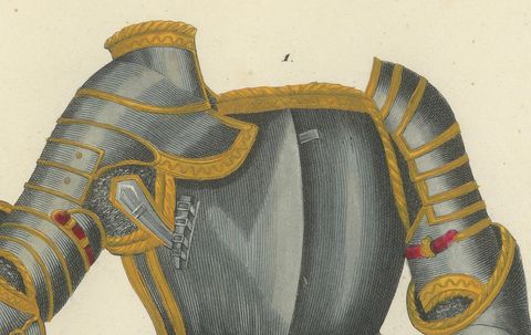 19th-Century Hand-Coloured Lithograph of Ornate Tournament and Plate Armor, close-up 1