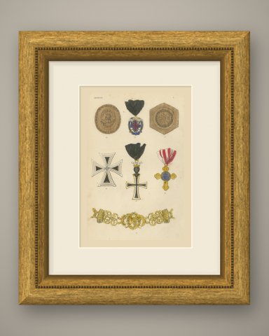 Orders of Austria, Veteran Badges and Crosses, Plate V, Wood Engraving, 1844, shown framed