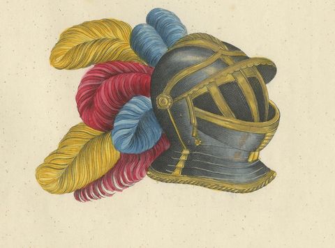 19th-Century Hand-Coloured Lithograph of Knightly Helmets with Vibrant Plumes, close-up 1