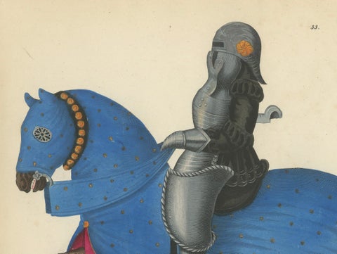 Hand-Coloured Jousting Litho: Knights on Striped and Starry Caparisoned Horses, close-up 1
