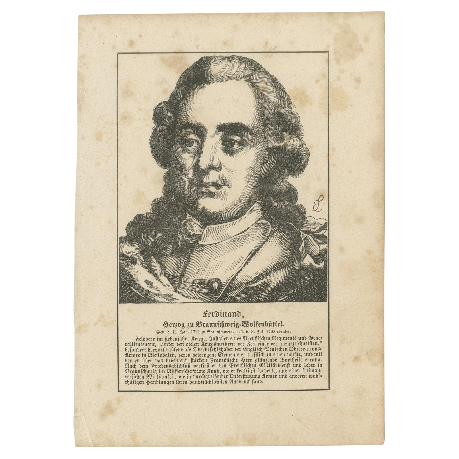 Ferdinand, Duke of Brunswick, German Military Portrait Engraving, c.1800