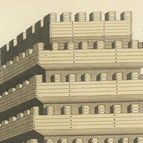 19th-Century Hand-Coloured Lithograph of a Multi-Level Medieval Siege Tower, close-up 3