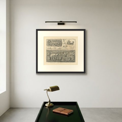 Roman Bolt Engines and a Ram Under a Shed, Montfaucon Siege Plate, 1722, shown framed on a wall