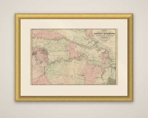 1862 Johnson's Map of the Vicinity of Richmond & Peninsular Campaign, Virginia, shown framed