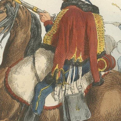 Hussar Cavalryman on Horseback, Napoleonic Military Print. Published in 1843, close-up 3