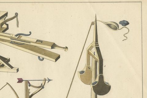 19th-Century Hand-Coloured Lithograph of Medieval Siege Engines and Catapults, close-up 1
