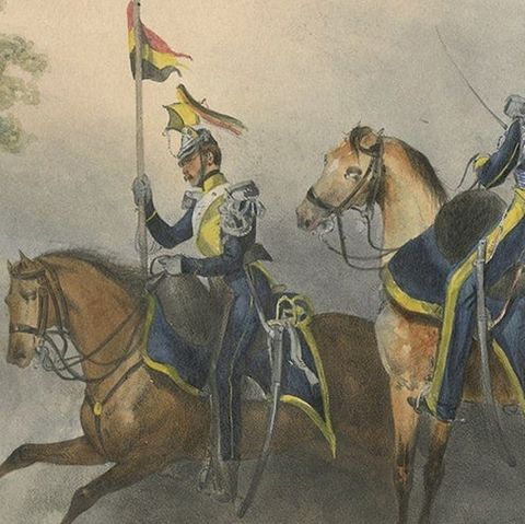 Nicely Hand-Colored Print of a Belgium Army Regiment Riding Horses, 1833, close-up 1