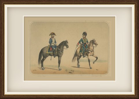 Spanish Hussar and Cavalry Trooper, Lithograph after Villegas, Madrid, 1861, shown framed
