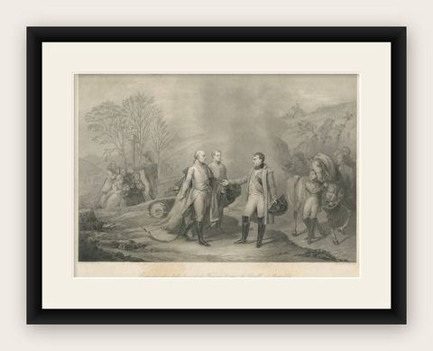 Napoleon and Francis II after Austerlitz, Antique French Engraving, circa 1840, shown framed