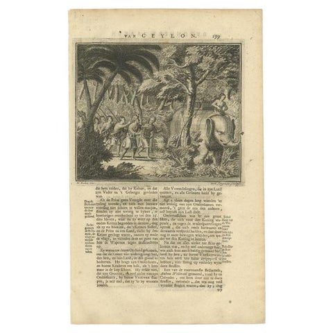 Antique Print of an Army in the Woods., Riding an Elephant in Ceylon, 1726, view 2