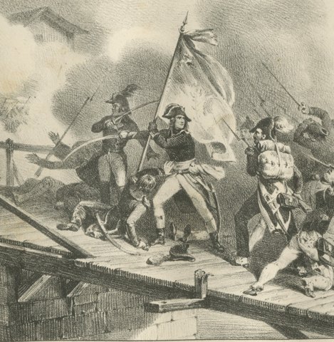 The Bridge of Arcole, the Flag of Lodi, Antique Madou Lithograph, 1827, close-up 3