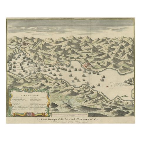 Antique Print of the Battle in 1702 of Vigo Bay or Rande, Galicia, Spain