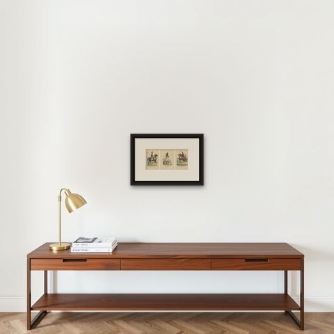 Set of 3 Antique Prints of Various Soldiers by Weber, '1843', shown framed on a wall