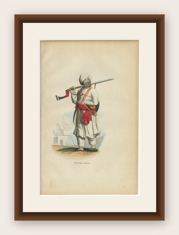 Antique Afghan Soldier Print, Hand-Colored Military Costume Lithograph, 1852, shown framed