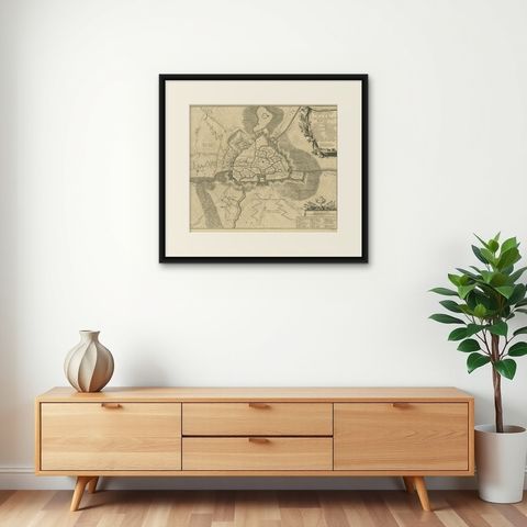 Antique Map of the Siege of Gent by Dumont, 1729, shown framed on a wall
