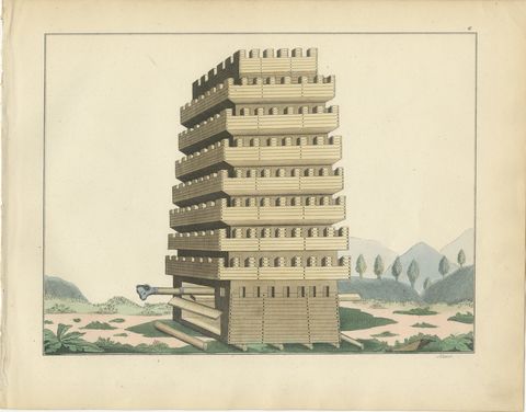 19th-Century Hand-Coloured Lithograph of a Multi-Level Medieval Siege Tower, view 2