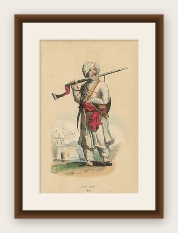 Antique Costume Print of an Afghan Soldier by Wahlen, '1843', shown framed