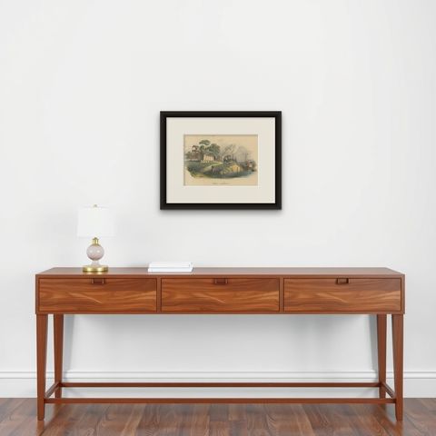 Antique Print of a Chinese Military Station, shown framed on a wall