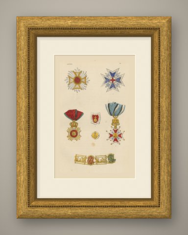 Orders of Bavaria, Saint Hubert Insignia, Plate IX, Wood Engraving, 1844, shown framed