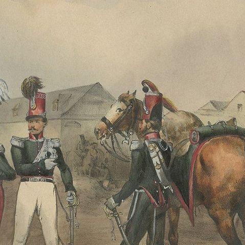 Old Handcolored Print of a Regiment of the Belgium Army, 1833, close-up 2