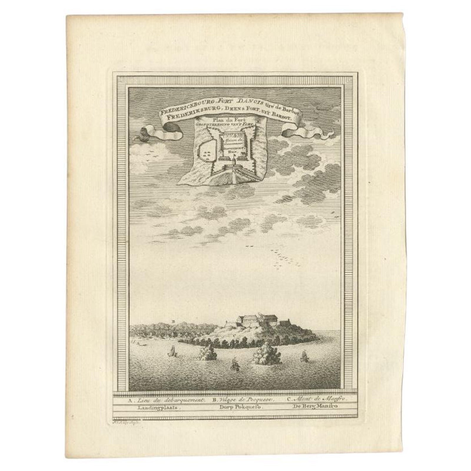 Antique Print of the Danish Fort of Groot Frederiksburg at Pokesoe, circa 1750