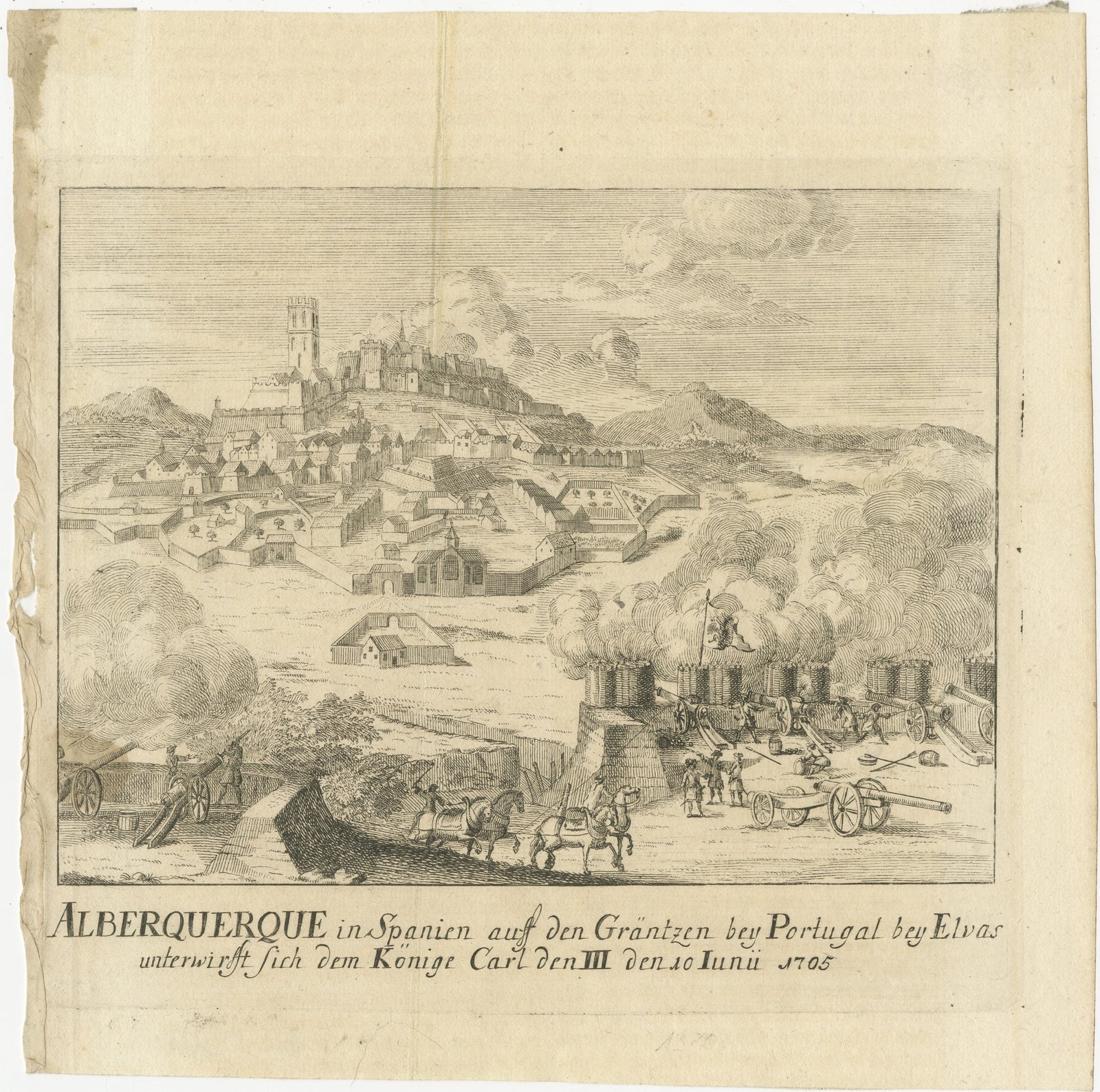 Siege of Alburquerque near Elvas, War of Spanish Succession Engraving, c.1710