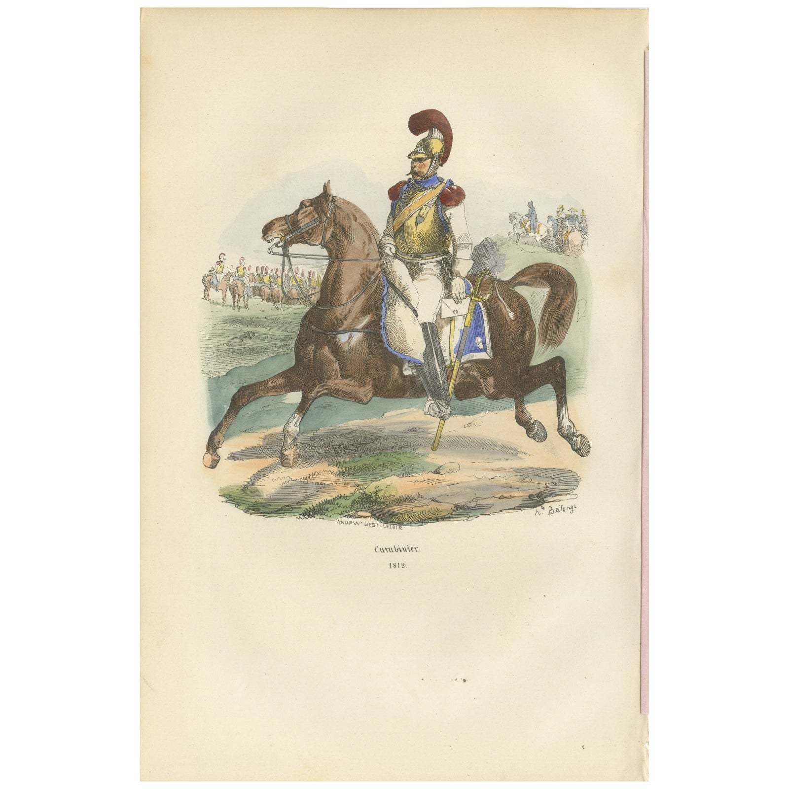 Carabinier, Napoleonic Imperial Guard cavalry, hand-colored print, Paris 1843
