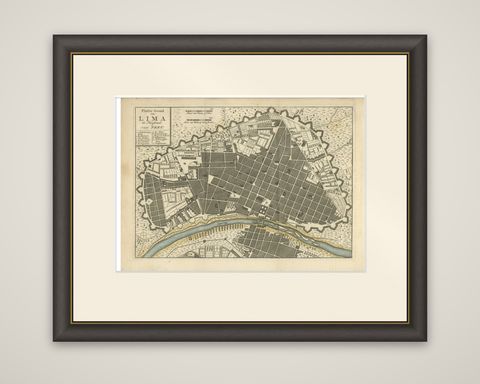 Antique Map of Lima Peru by Isaak Tirion, City Plan with Fortifications, 1769, shown framed