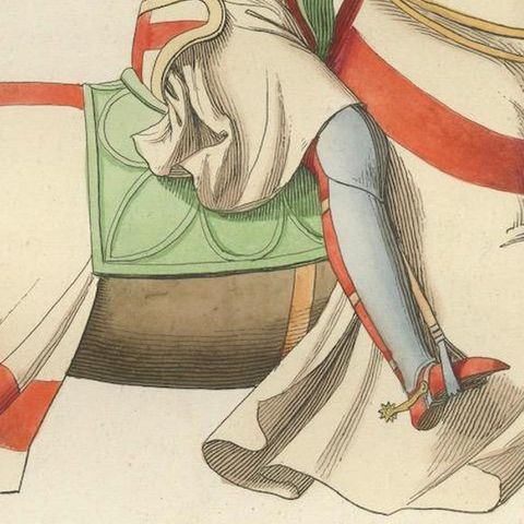 Charging Crusader Knight, Medieval Armor Print, circa 1400, published in 1845, close-up 4