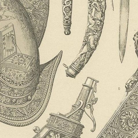 Pl 44 Antique Print of European 16th Century Armor and Weapons by Racinet, close-up 2