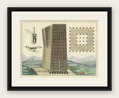 19th-Century Detailed Hand-Coloured Lithograph of a Large Medieval Siege Tower, shown framed