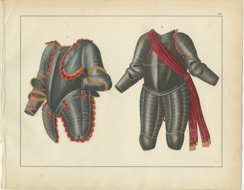 19th-Century Hand-Coloured Lithograph of Ornate Parade and Tournament Armor, view 2